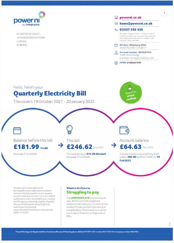 UNITED KINGDOM POWER NI utility bil Word and PDF template